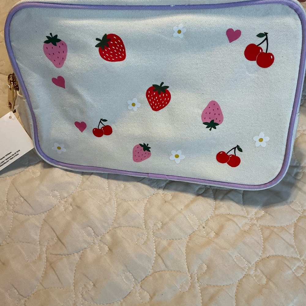Strawberry & Cherry Print Cosmetic Bag in Lavender Trim